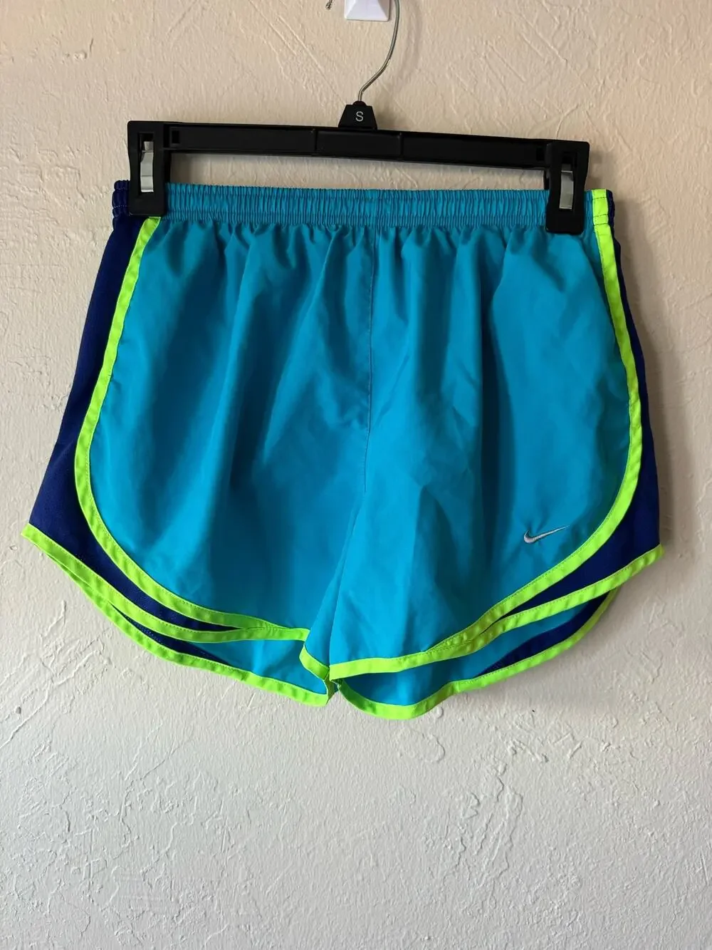 Women's Nike Dri Fit Shorts in Black with Lime Green and Navy Trim, Size M